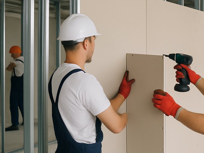 Manutenção de parede de drywall — fixação de placa na estrutura metálica
