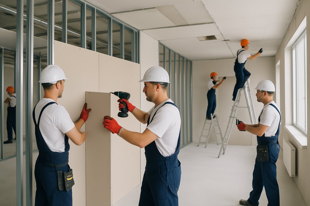Obra na Praia dos Amores de Balneário Camboriú — equipe Pizzo instalando drywall